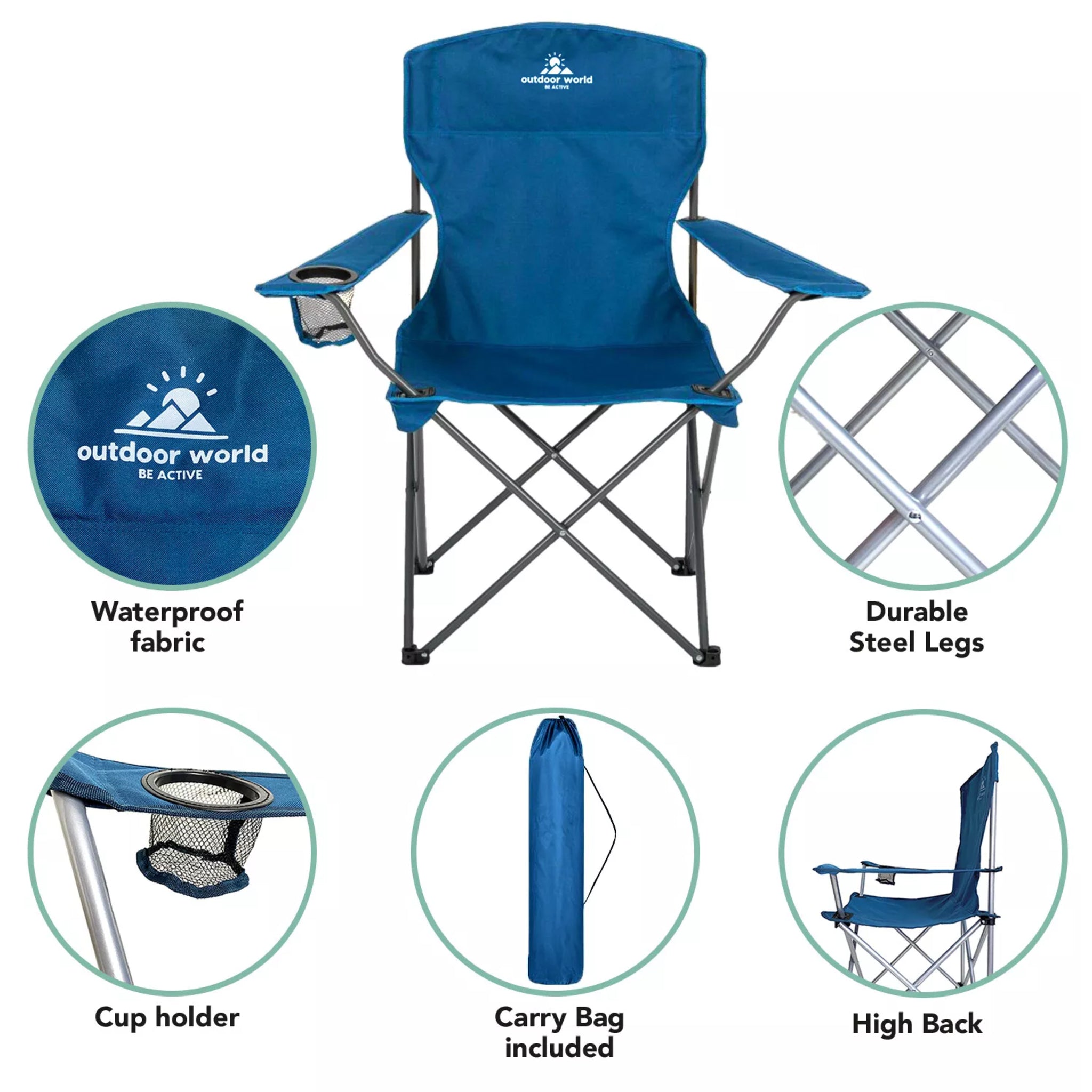 Blue Outdoor World Folding Camping Chair with Cup Holder High Back Waterproof Fabric Durable Steel Legs and Carry Bag